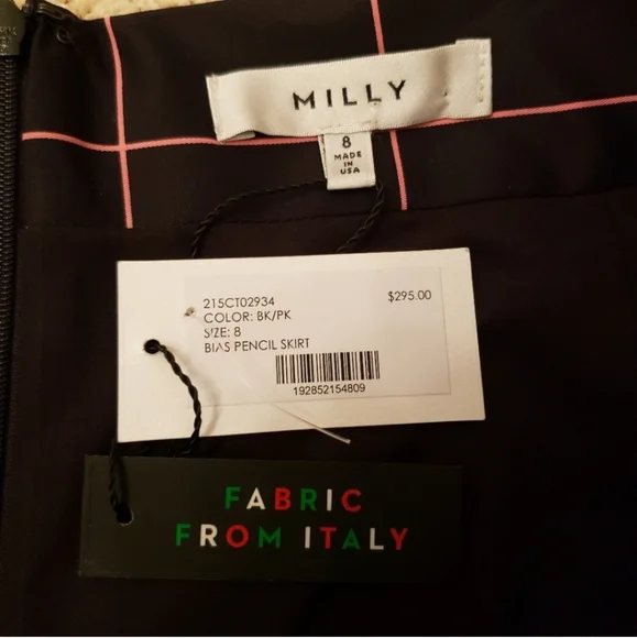 Milly Bias Pencil Skirt Grid Print Black & Pink Size 8 NWT - Picture 8 of 16
